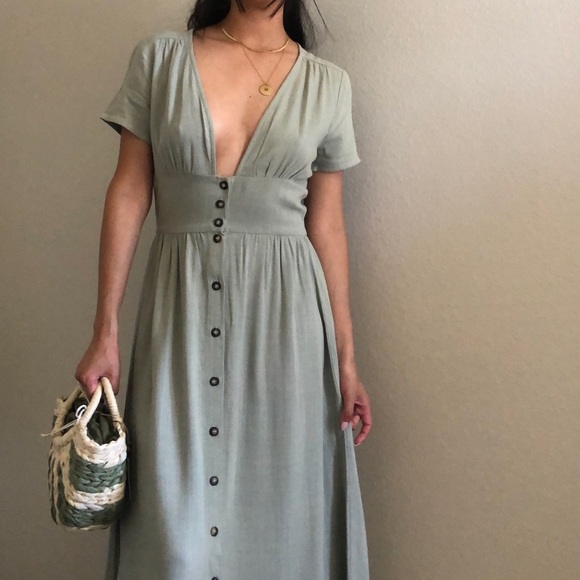 New Sage Linen Button Down Dress - Picture 3 of 8